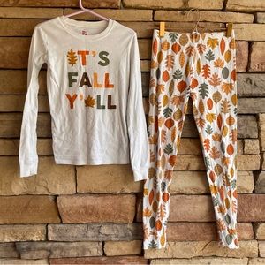 PJ Place white orange “It’s Fall Y’all” leaf print pajama lounge set outfit EUC